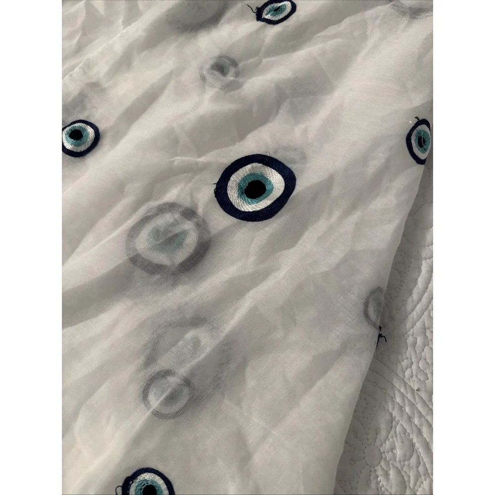 Evil Eye Embroidered White Semi Sheer Scarf 68x27